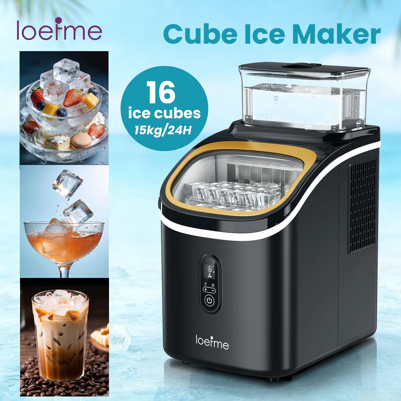 LOEFME Portable Ice Maker Machine 15kg/24h 6-13 Mins Quick Ice 16pcs Ice Cubes Countertop Ice Machine for Home Kitchen
