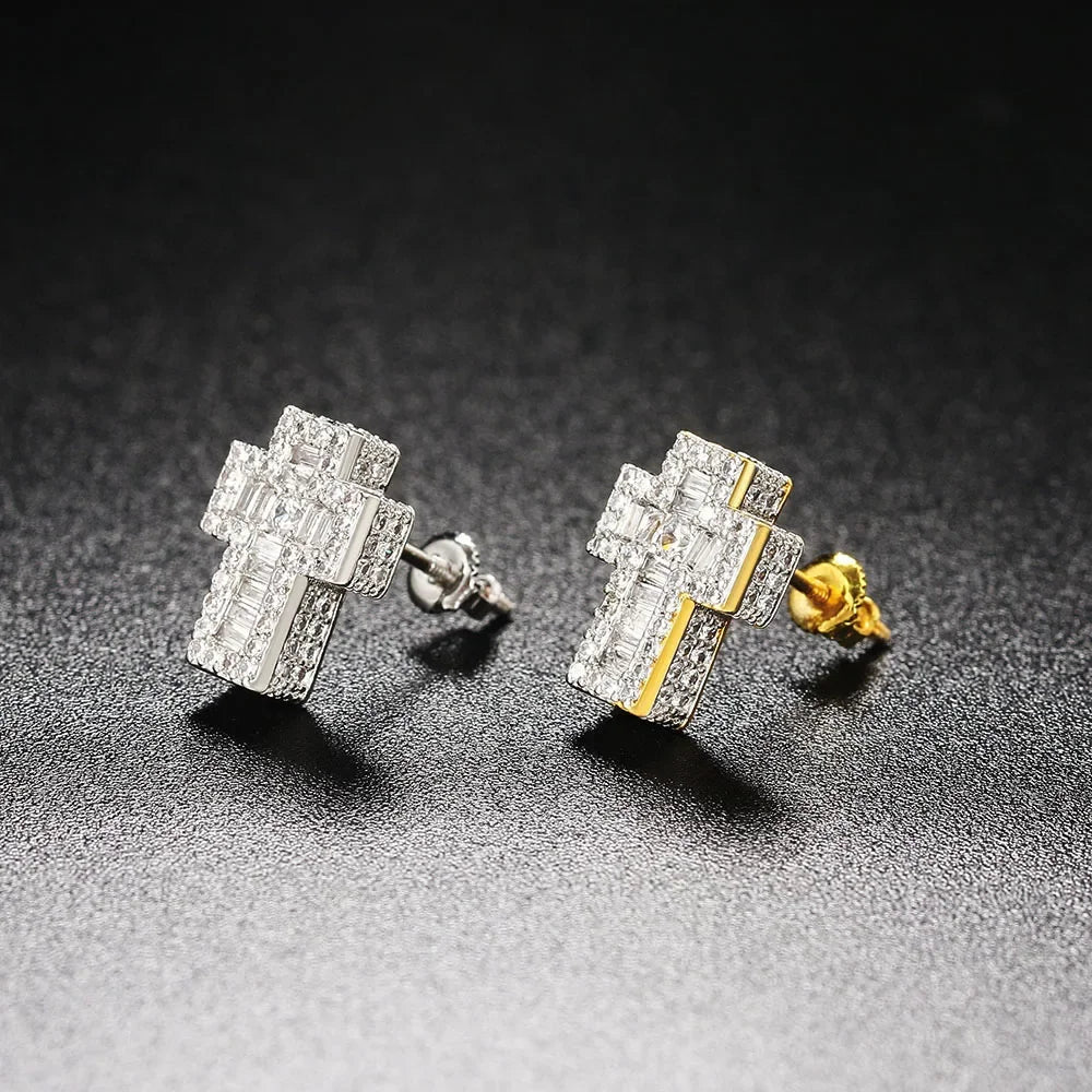 Luxury Punk Cross Earrings for Men Iced Out Zirconia Hiphop Stud Earring Gold Color Women's Accessories Fashion Jewellery