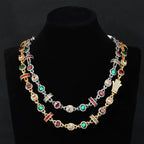 Cross Chain Necklace Iced Out Colorful Gemstone
