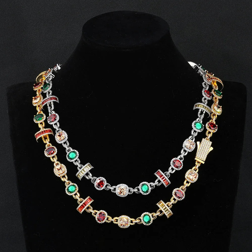 Cross Chain Necklace Iced Out Colorful Gemstone