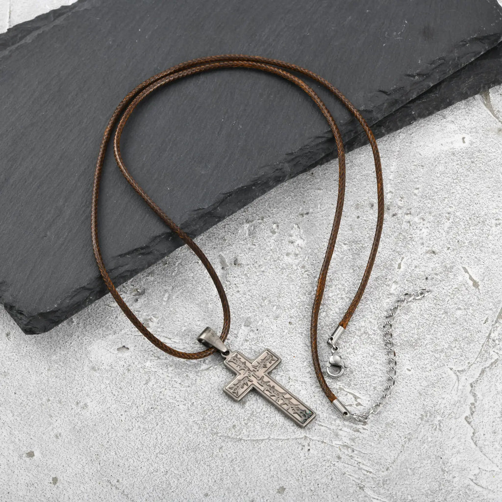 Vnox Men's Stainless Steel Thorn Crown Cross Pendant Necklace, Retro Brown Black Wax Rope Chain, Religious Jewelry