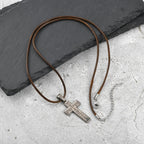 Vnox Men's Stainless Steel Thorn Crown Cross Pendant Necklace, Retro Brown Black Wax Rope Chain, Religious Jewelry