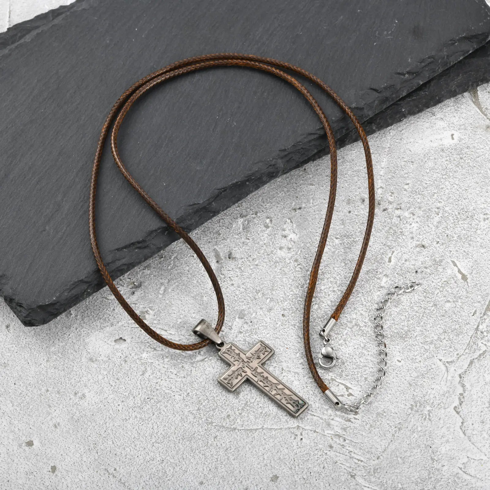 Vnox Men's Stainless Steel Thorn Crown Cross Pendant Necklace, Retro Brown Black Wax Rope Chain, Religious Jewelry