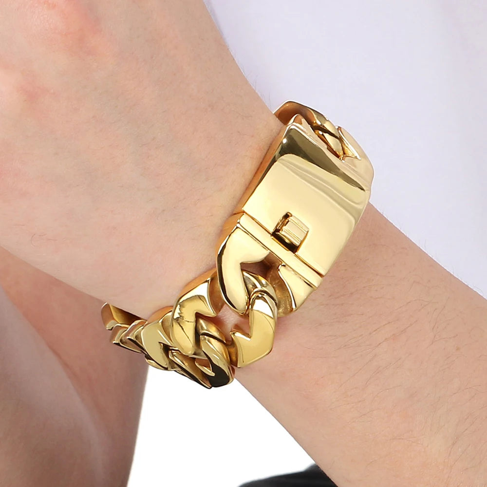 Waterproof 316l Stainless Steel Jewelry Bracelet for Man 24MM Width Curb Cuban Link Chain Men's Bracelets Fathers' Day
