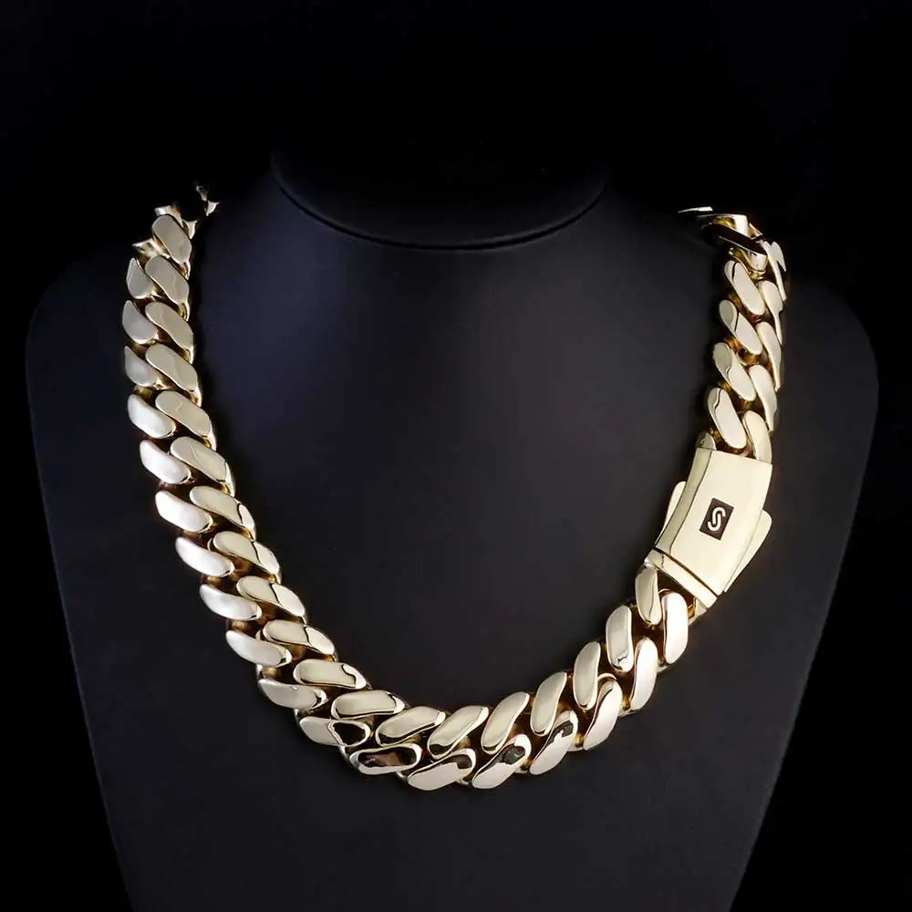 Gold Cuban Chain Necklace 14K Monaco Lock