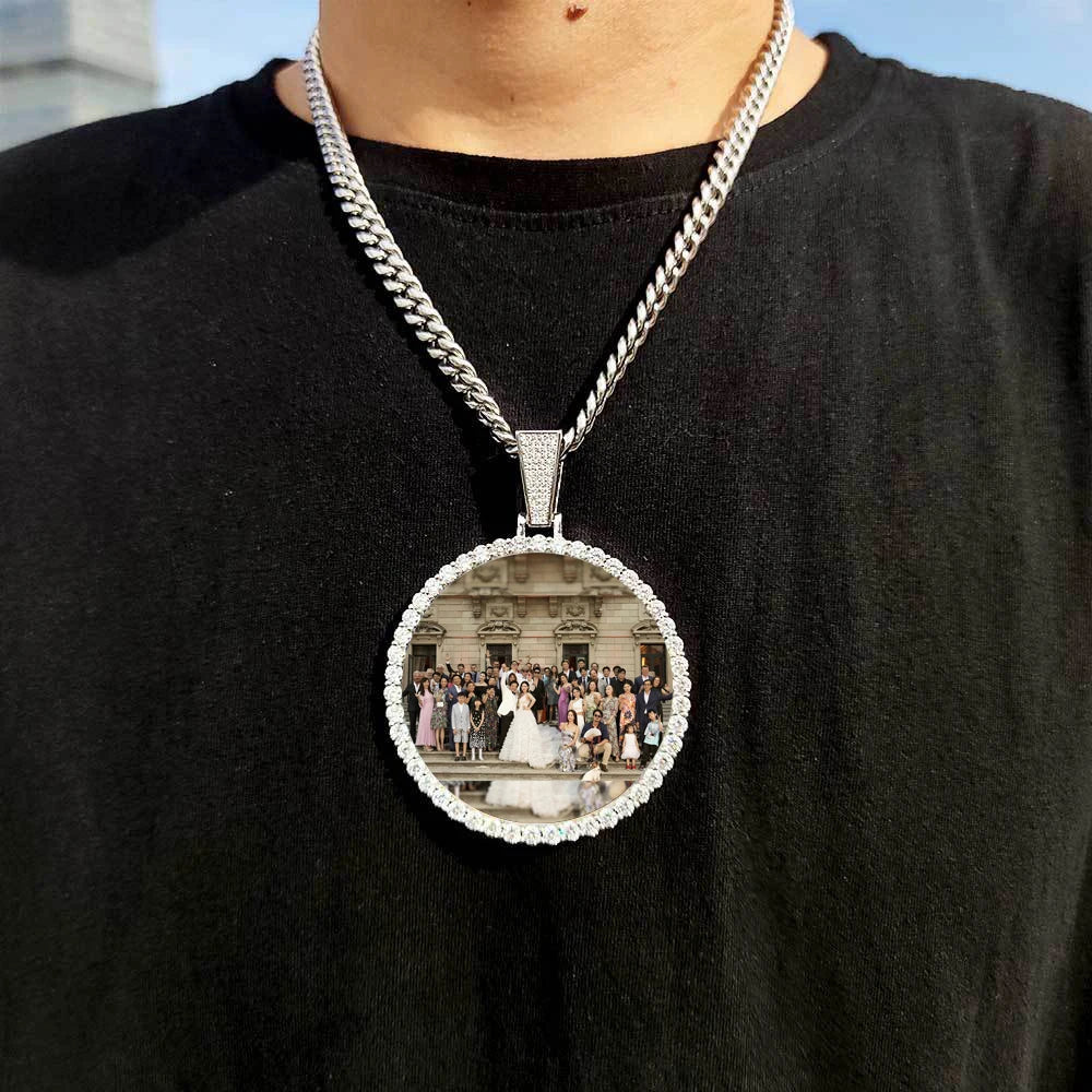 HHIOK Customized Necklaces Circle Chain Picture Personalized Diamond Memory Pendant with Photo Wing Design Gift for Men