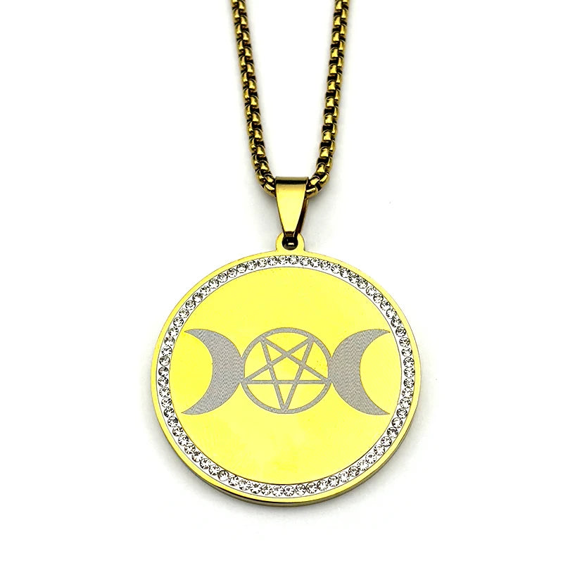 Star Moon Gold Pendant Goddess Triple Pentagram