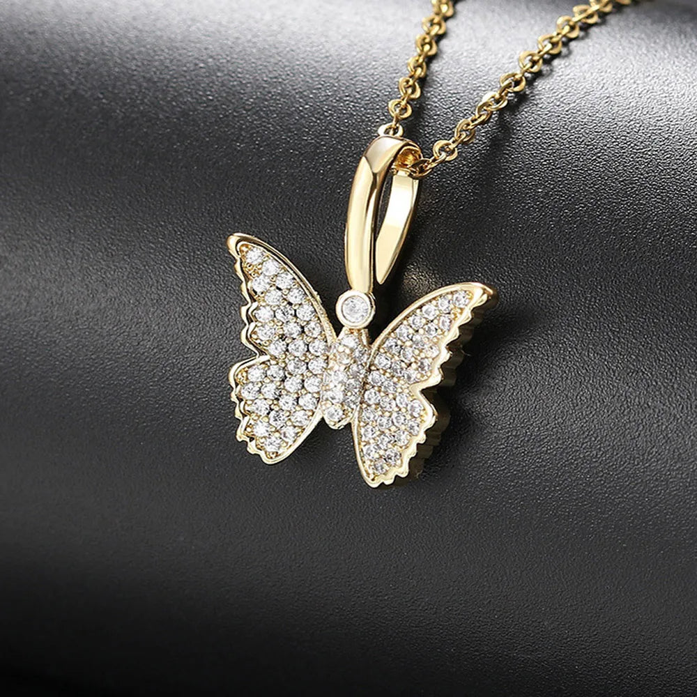 Iced Out Butterfly Pendant Necklace Stainless Steel