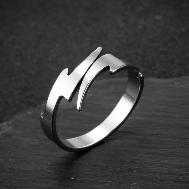 Minimalist Lightning Bolt Open Ring — Adjustable Geometric Glossy