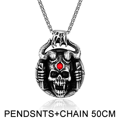 Vintage Horned Satan Skull Pendant Necklace — Stainless Steel