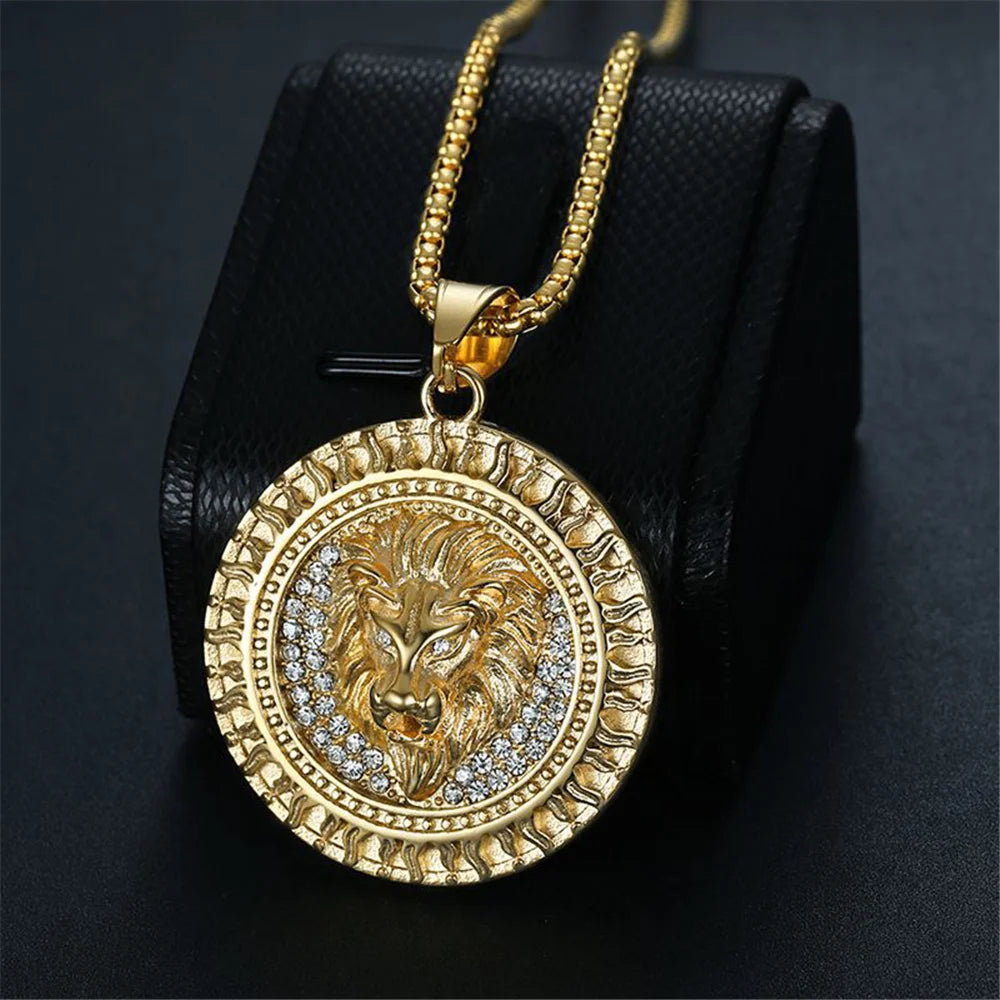 Iced Out Lion Head Round Pendant — Two-Tone