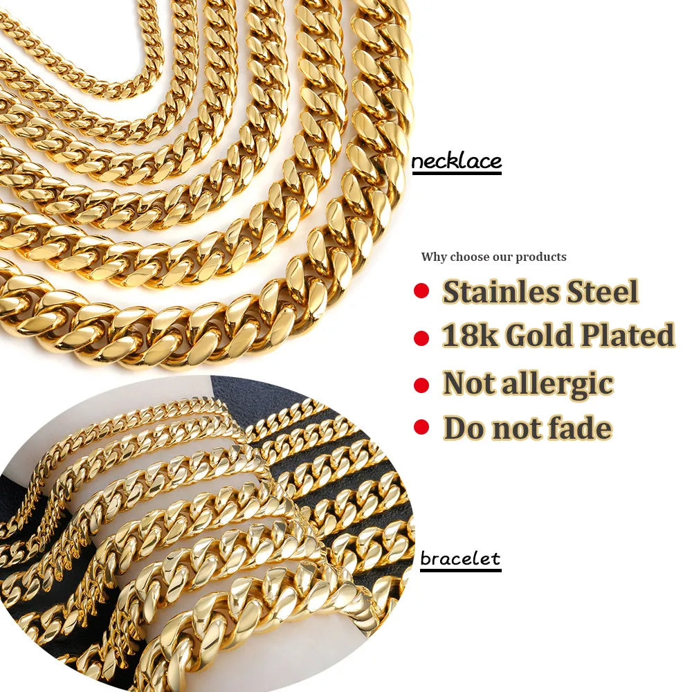 6/8/10/12/14/16MM Hip Hop Cuban Link Necklace For Men Stainless Steel Miami Fashion Jewelry Thick And Thin Rainbow