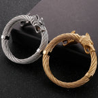 Retro Elastic Wolf Head Open Cuff Bangle Bracelet For Men 12MM Twist Chain Stainless Steel Men‘s Bracelets Rockers