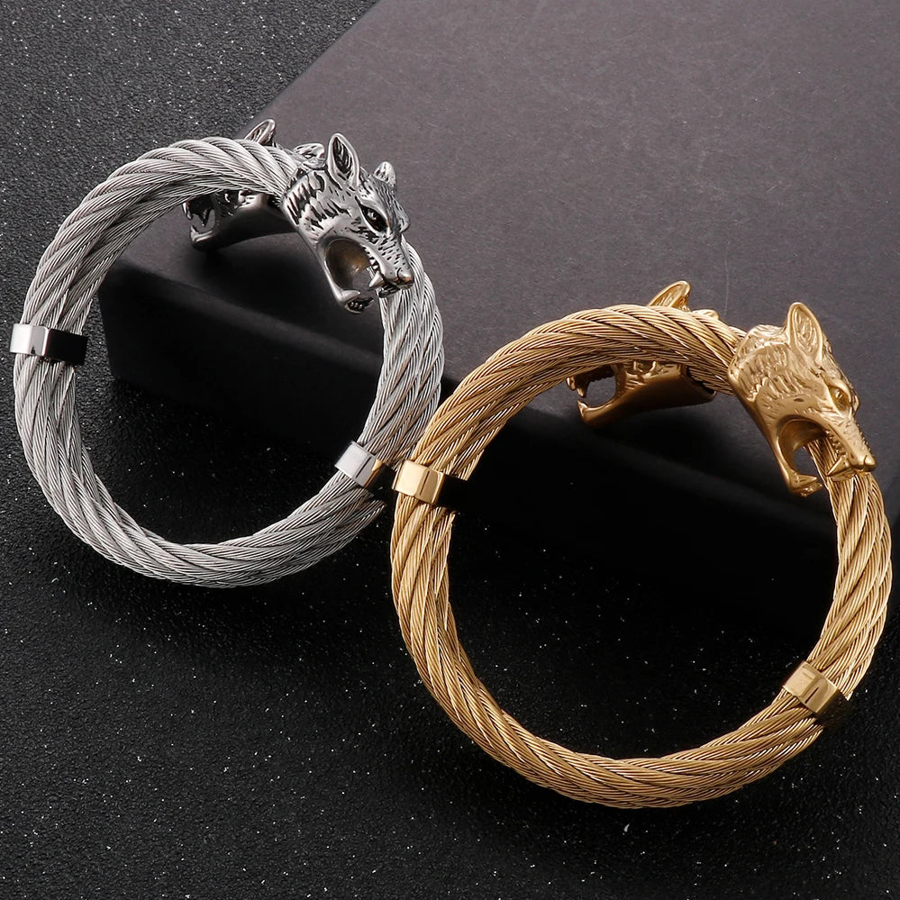 Retro Elastic Wolf Head Open Cuff Bangle Bracelet For Men 12MM Twist Chain Stainless Steel Men‘s Bracelets Rockers