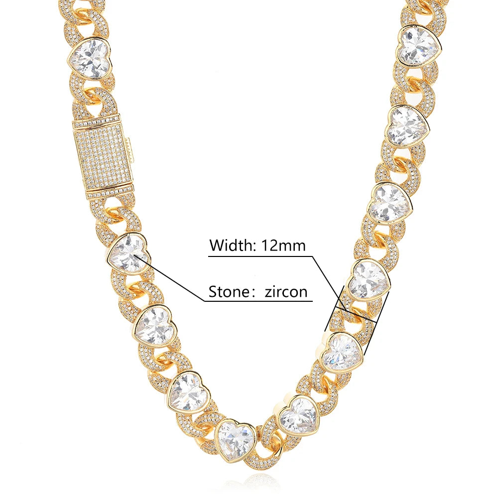 Iced Out Heart Cuban Chain Necklace Stainless Steel