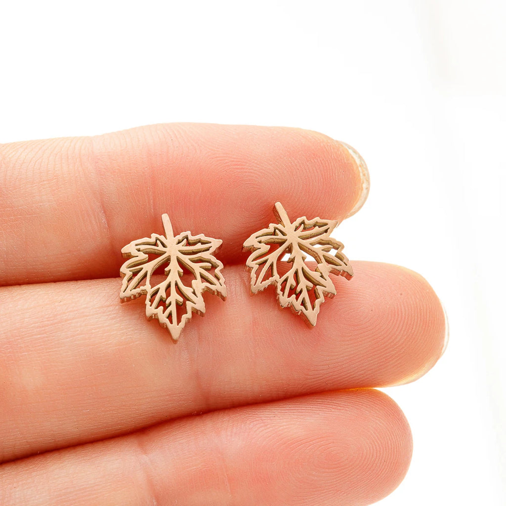 Hollow Maple Leaf Stud Earrings Classic Simple — Stainless Steel