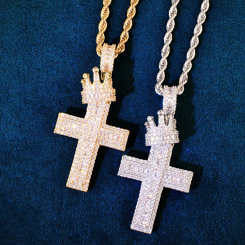 Hip Hop 3A+ CZ Stone Paved Bling Iced Out Crown Cross Charm Pendants Necklace for Men Rapper Jewelry Gold Silver Color