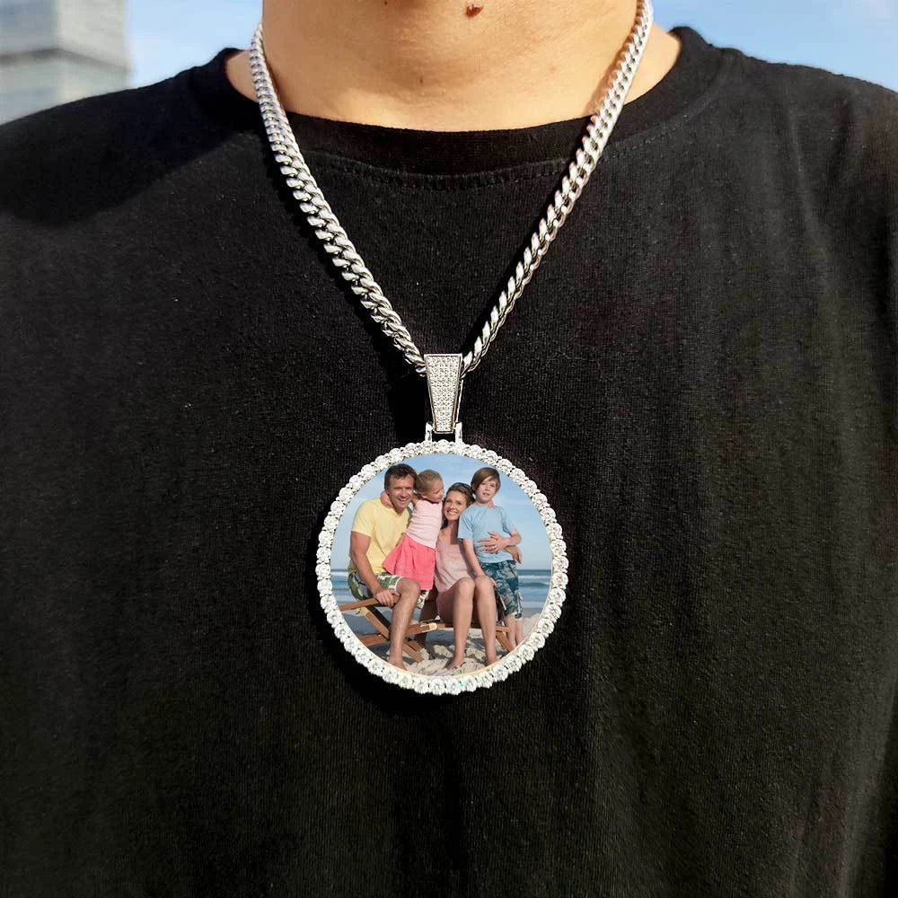 ESKEEM Big Circle Photo Medallions Chain Pendant Iced Out Men Hip Hop Memory Picture Pendant Jewelry Christmas Gift
