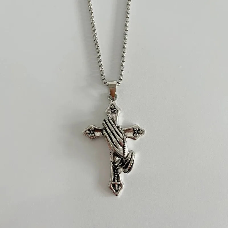 Prayer Hand Cross Stainless Steel Pendant Necklace