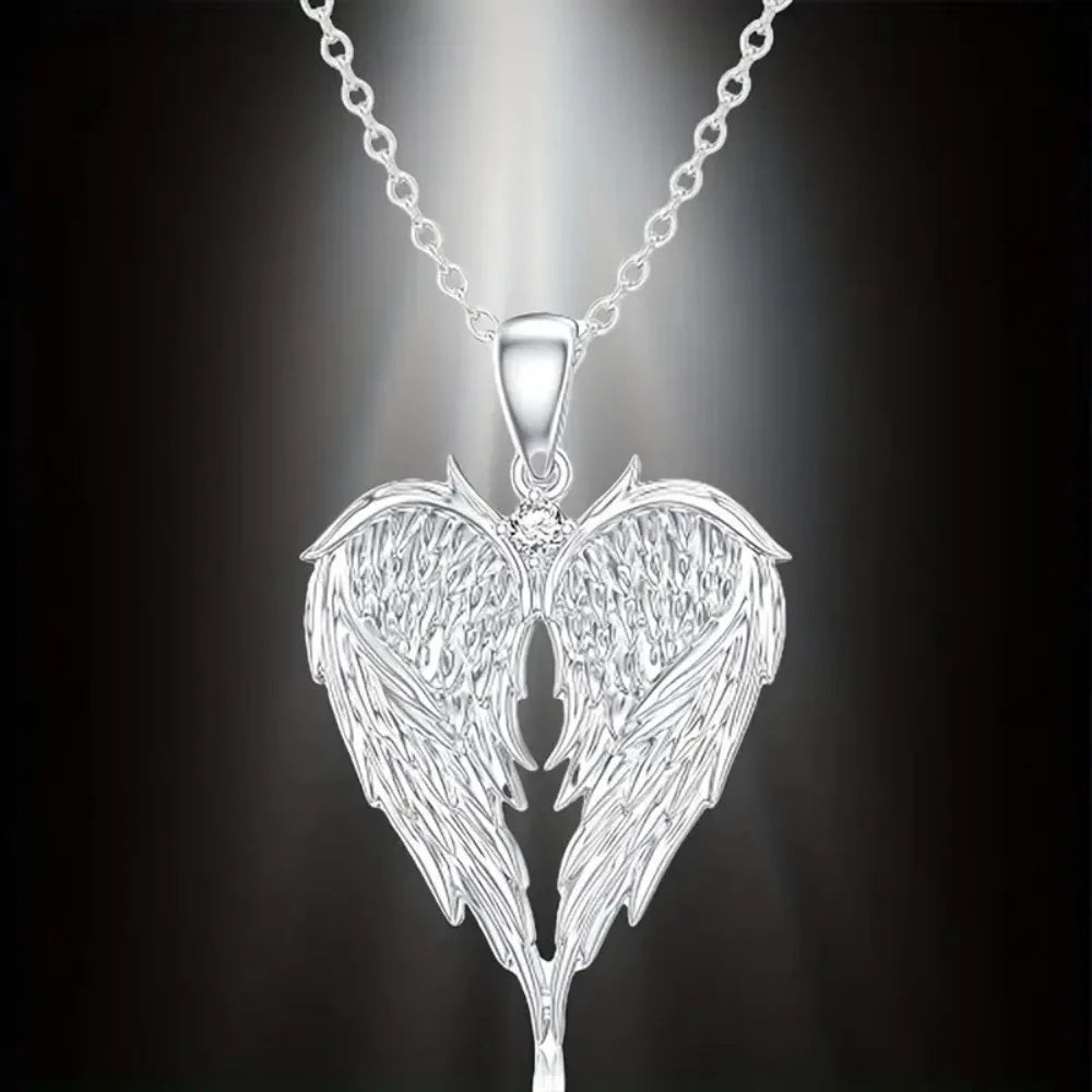 Angel Wing Heart Pendant Necklace — Zinc Alloy, CZ Accent