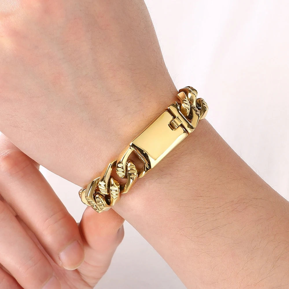 Men's Hip Hop Stainless Steel Cuban Link Bracelets Classic 16MM Width Vacuum Plated Chunky Chain Bracelet for Man Never