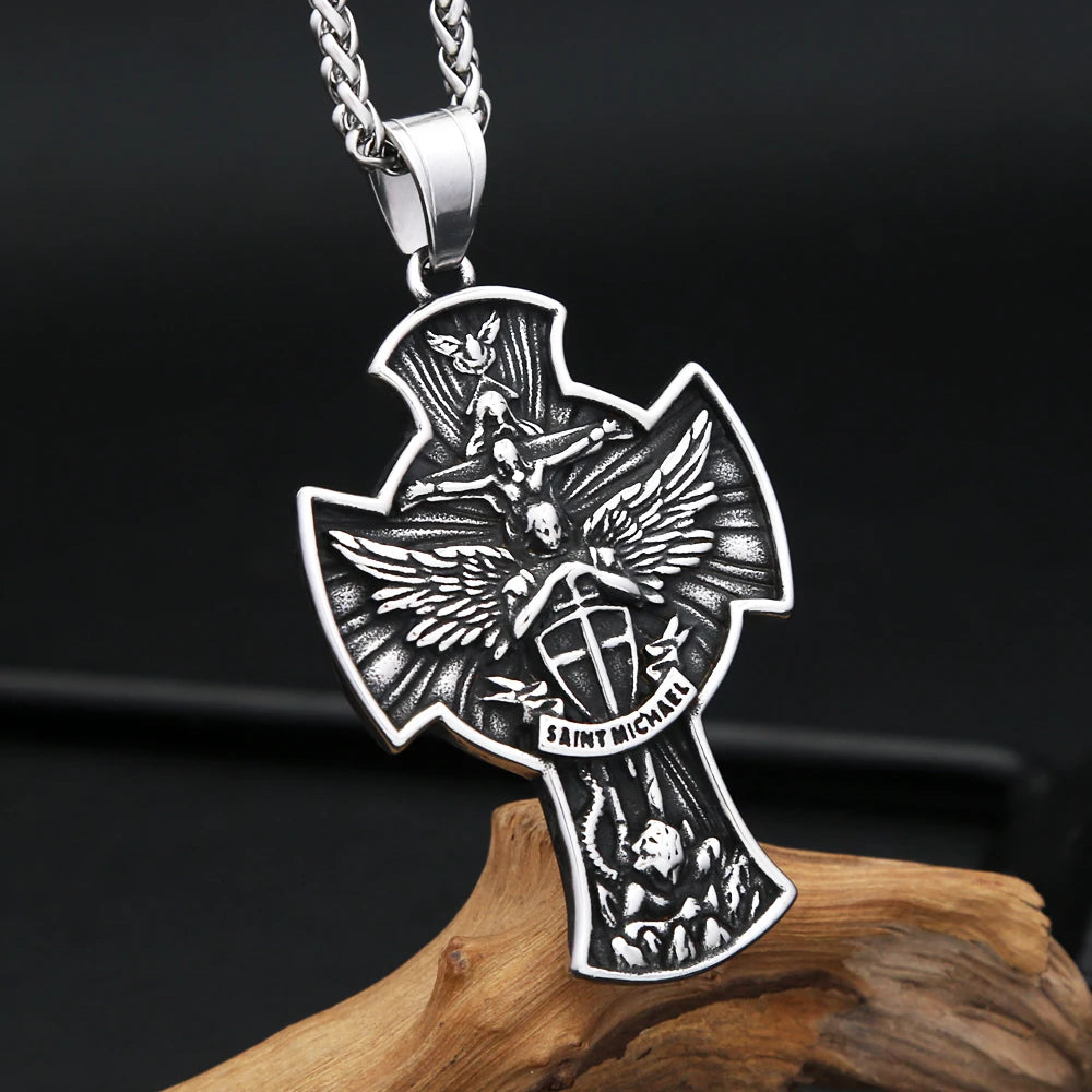 Vintage Stainless Steel Saint Michael Cross Pendant Necklaces For Men Women Fashion Religious Amulet Jewelry Gifts