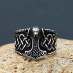 Viking Thor Hammer Bear Head Ring — Stainless Steel