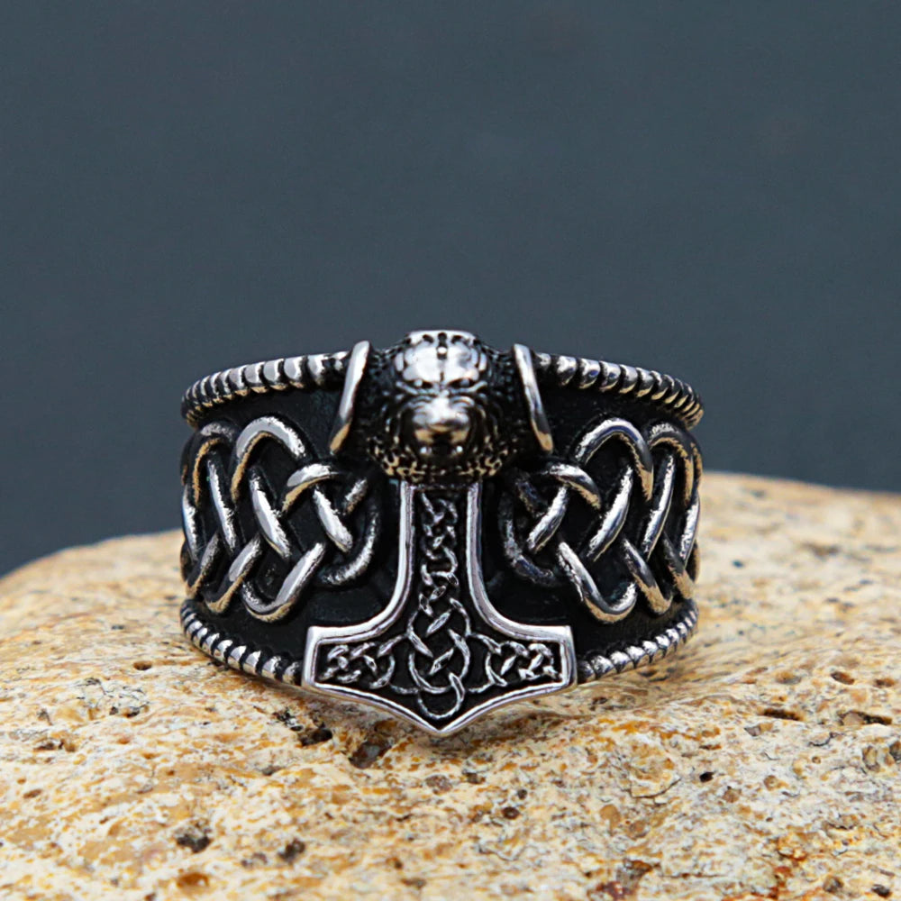 Viking Thor Hammer Bear Head Ring — Stainless Steel