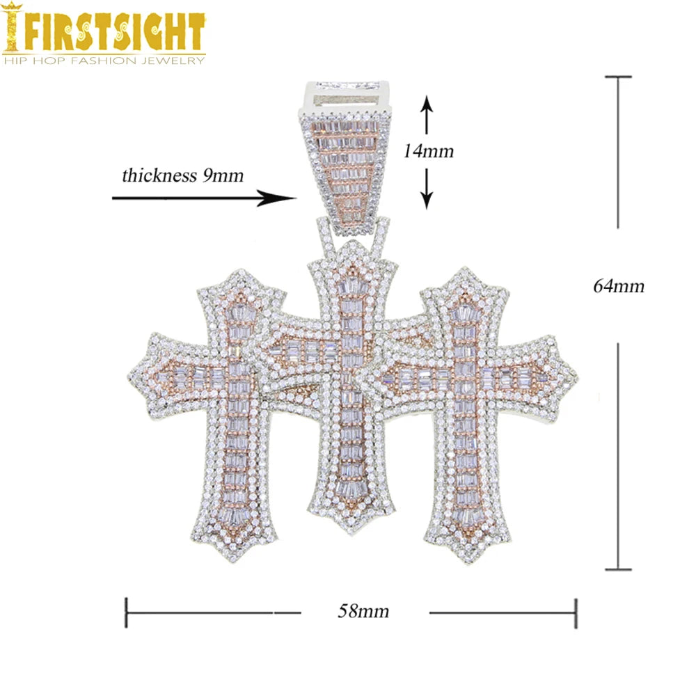 Iced Out Three Cross Pendant Necklace For Women Men Two Tone Silver Color Cubic Zirconia Tennis Chain Luxury Hip Hop Jewelry