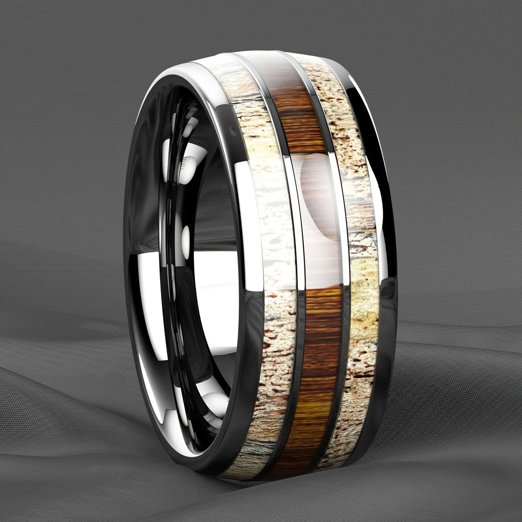 Fashion Silver Color Men's Stainless Steel Rings Koa Wood Deer Antler Inlay Dome Engagement Rings For Men Women Wedding
