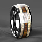 Fashion Silver Color Men's Stainless Steel Rings Koa Wood Deer Antler Inlay Dome Engagement Rings For Men Women Wedding