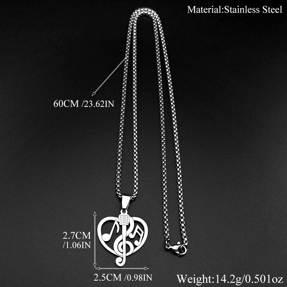 Heart Treble Clef Microphone Pendant Necklace Stainless Steel Gold Color Music Note Jewelry Gift Singer Musician
