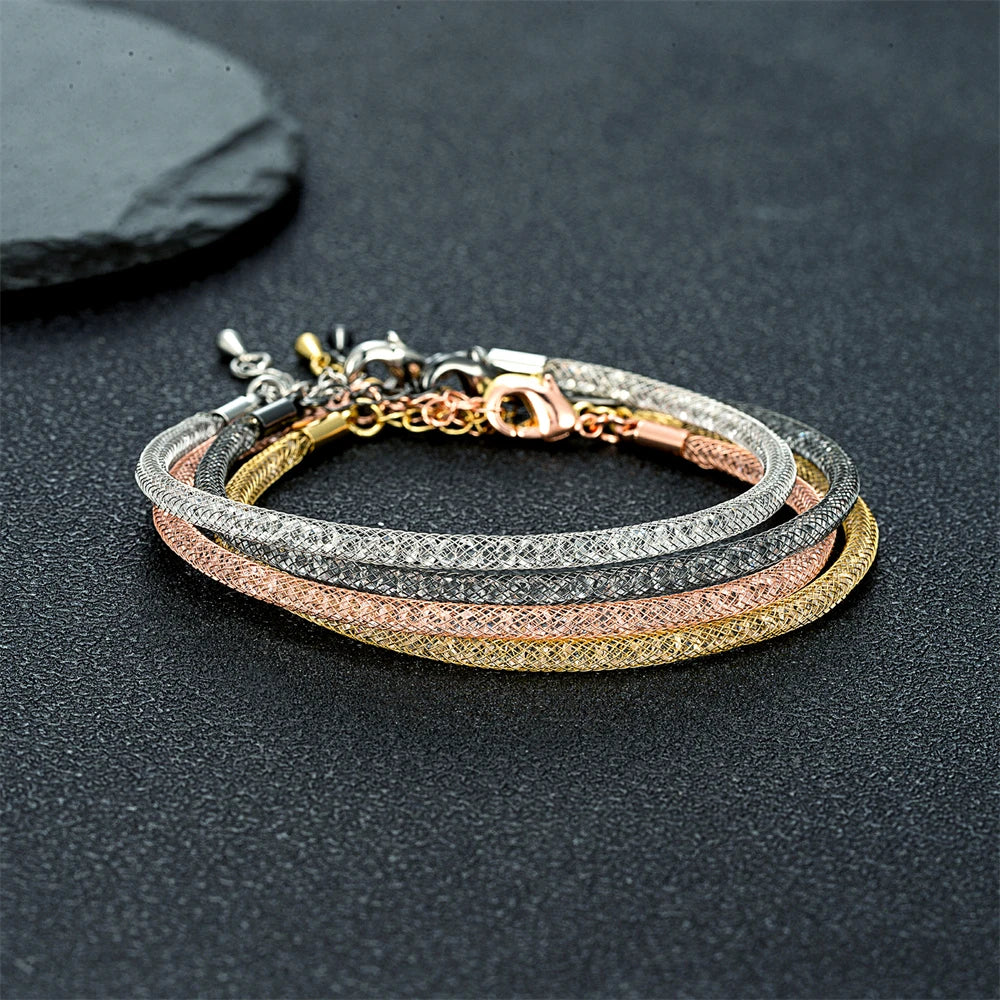 Luxury Minimalist Mesh Crystal Bracelet Men Women Charm Inlay Crystal Adjustable Bangle Stainless Steel Fashion Jewelry