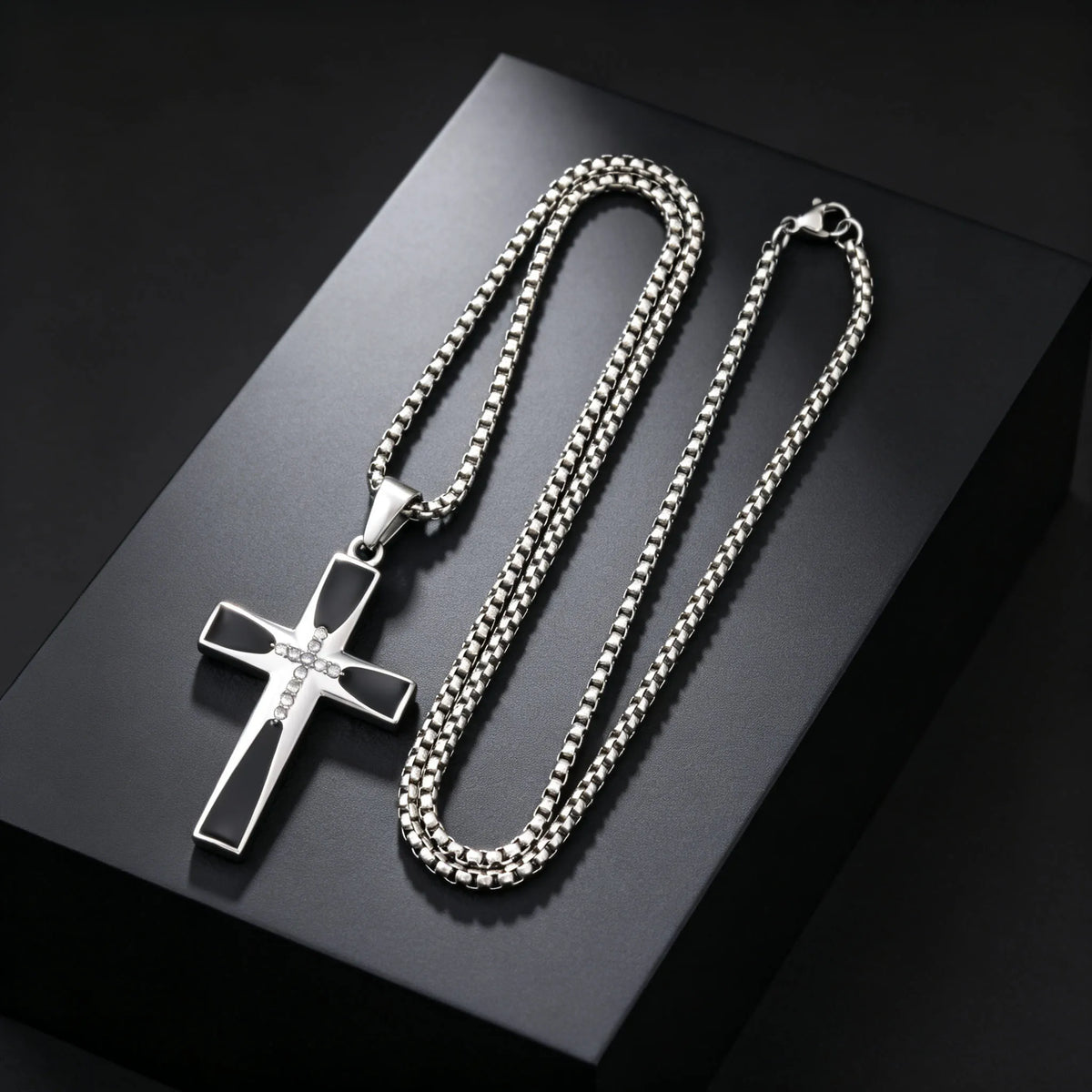 Zircon Cross Pendant Necklace for Men — Stainless Steel