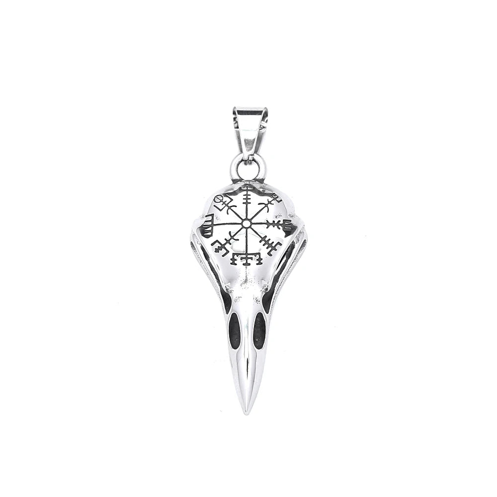 Vintage Fashion Vikings Compass Crow Head Pendant Necklace For Men Stainless Steel Nordic Animal Skull Necklaces Biker