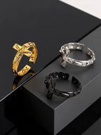 Fashion Vintage Jesus Cross Rings for Men, Waterproof Stainless Steel Adjustable Open Rings, Religious Party Jewelry Gift