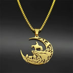 Moon Western Cowboy Animal Necklace For Women Men Stainless Steel Horse Cow Silver Color Mountain Ranch Scenery Chain Jewelry