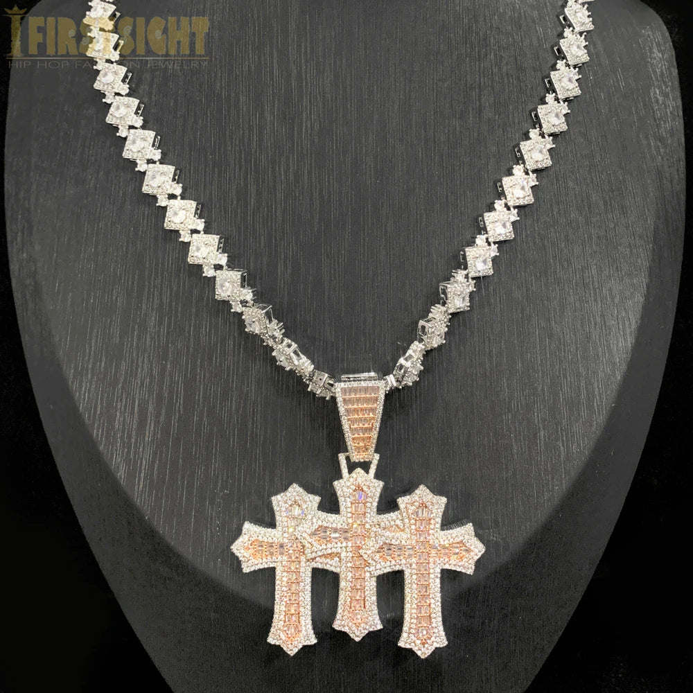 Iced Out Three Cross Pendant Necklace For Women Men Two Tone Silver Color Cubic Zirconia Tennis Chain Luxury Hip Hop Jewelry