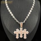 Iced Out Three Cross Pendant Necklace For Women Men Two Tone Silver Color Cubic Zirconia Tennis Chain Luxury Hip Hop Jewelry