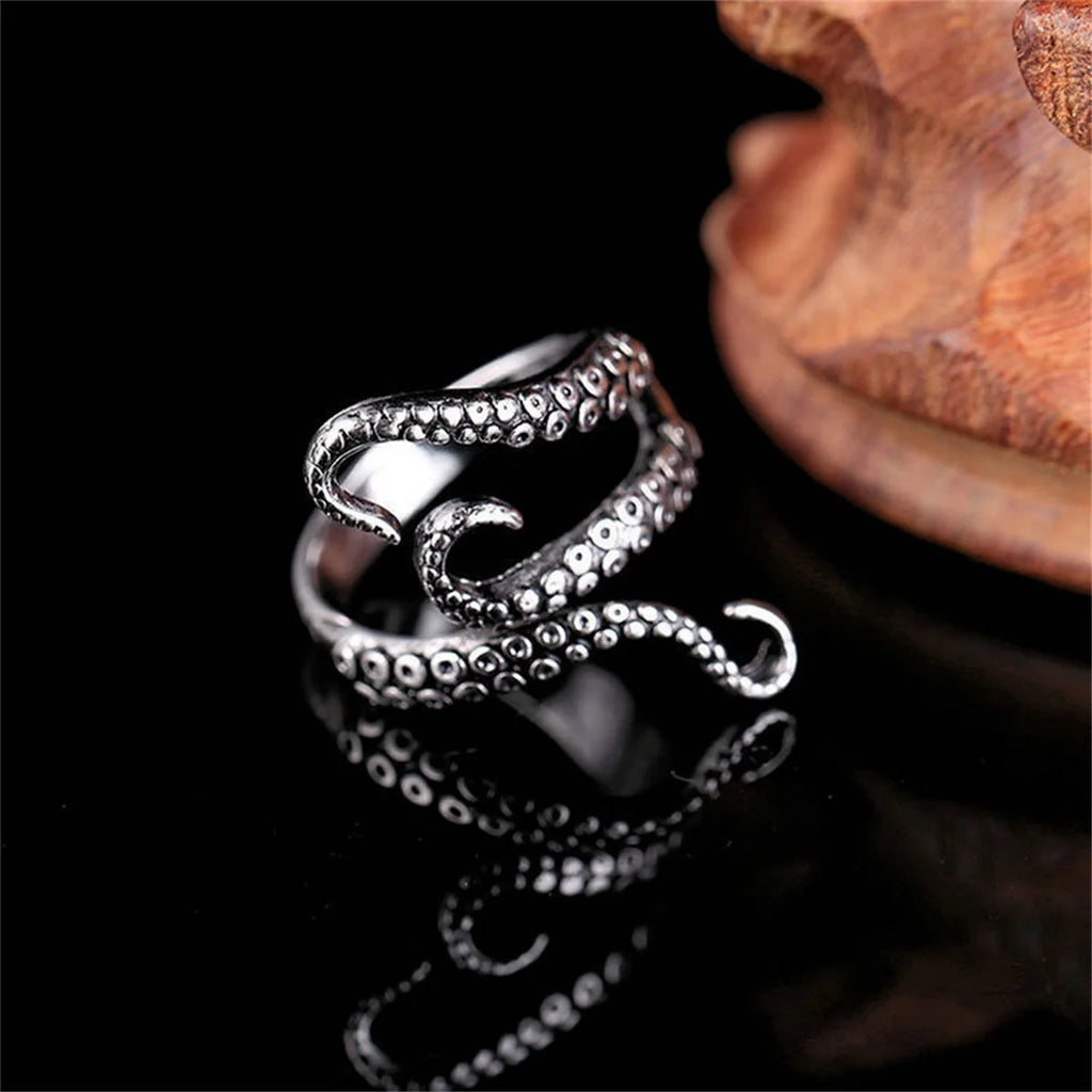 Cool Animal Octopus Rings Simple Punk Gothic Deep Sea Squid Octopus Fashion Jewelry Open Adjustable Antique Silver