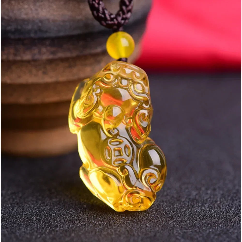 Citrine Pixiu Wealth Pendant Necklace — Crystal Amulet