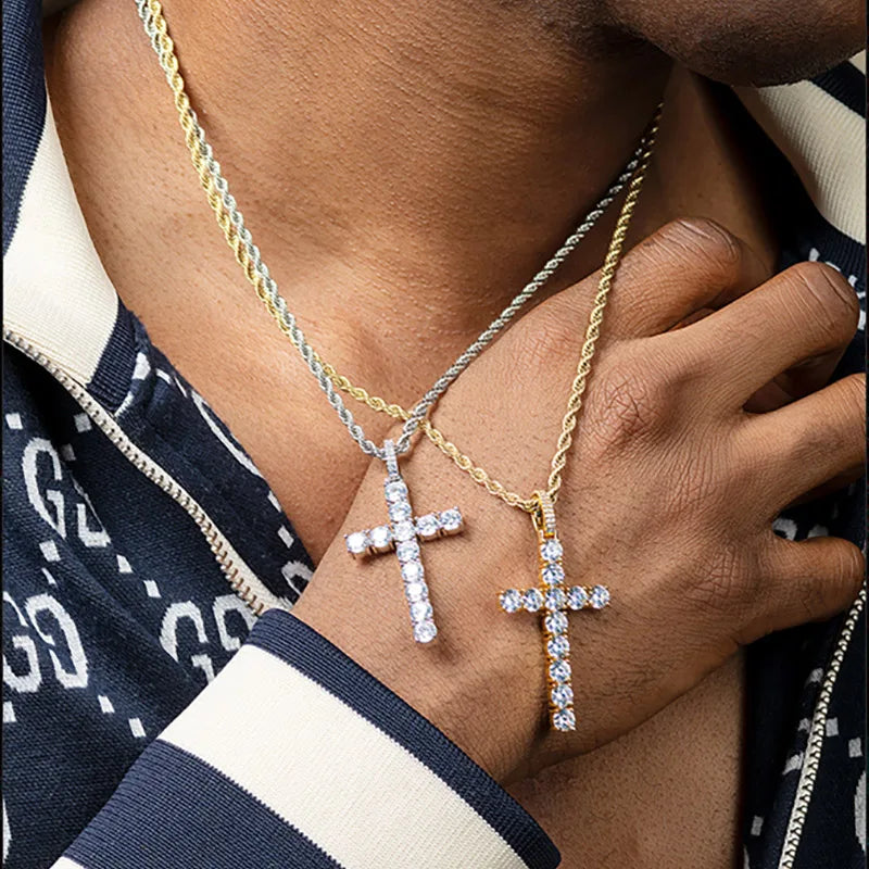 Iced Out Tennis Cross Pendant — Gold