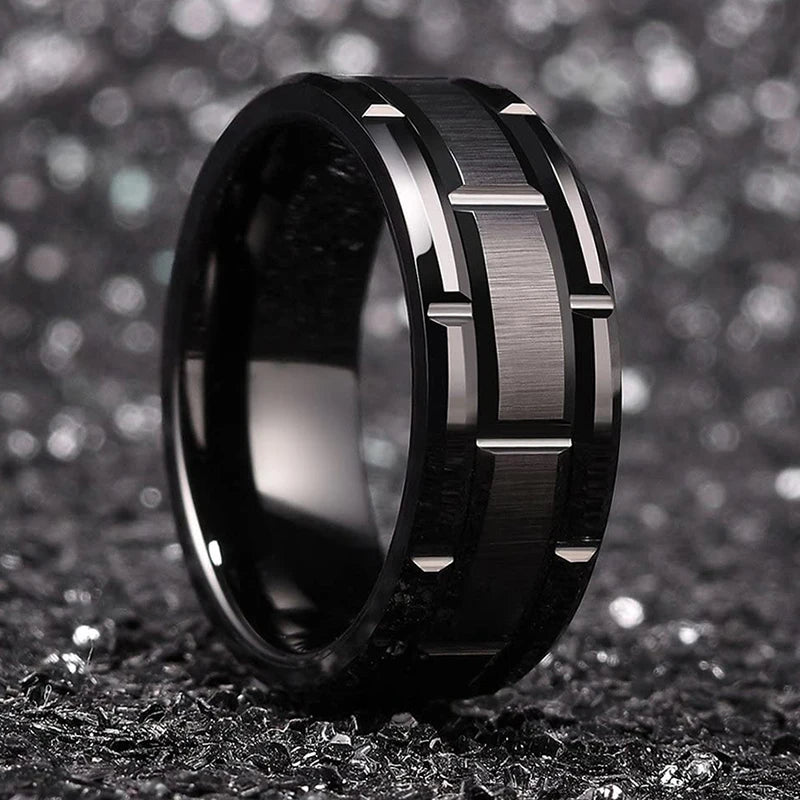 Brushed Double Groove Wedding Band Ring 8mm — Stainless Steel