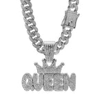 Men's Hip Hop Crown with QUEEN Letter Pendant Necklace For Women Crystal Cuban Chain Iced Out Bling Necklaces Rock
