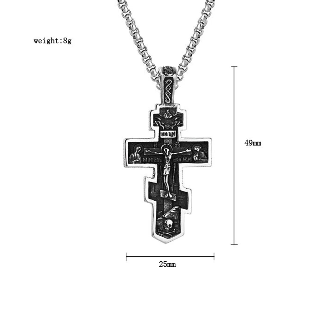 Vintage Stainless Steel Jesus Cross Pendant Necklace Men Biker Amulet Cross Orthodox Chain Necklace Jewelry Gift