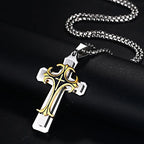 Rock Cross Necklace for Men,Gold Color Stainless Steel Stylish Byzantine Chain,Catholic Crucifix Pendant Collar Jewelry