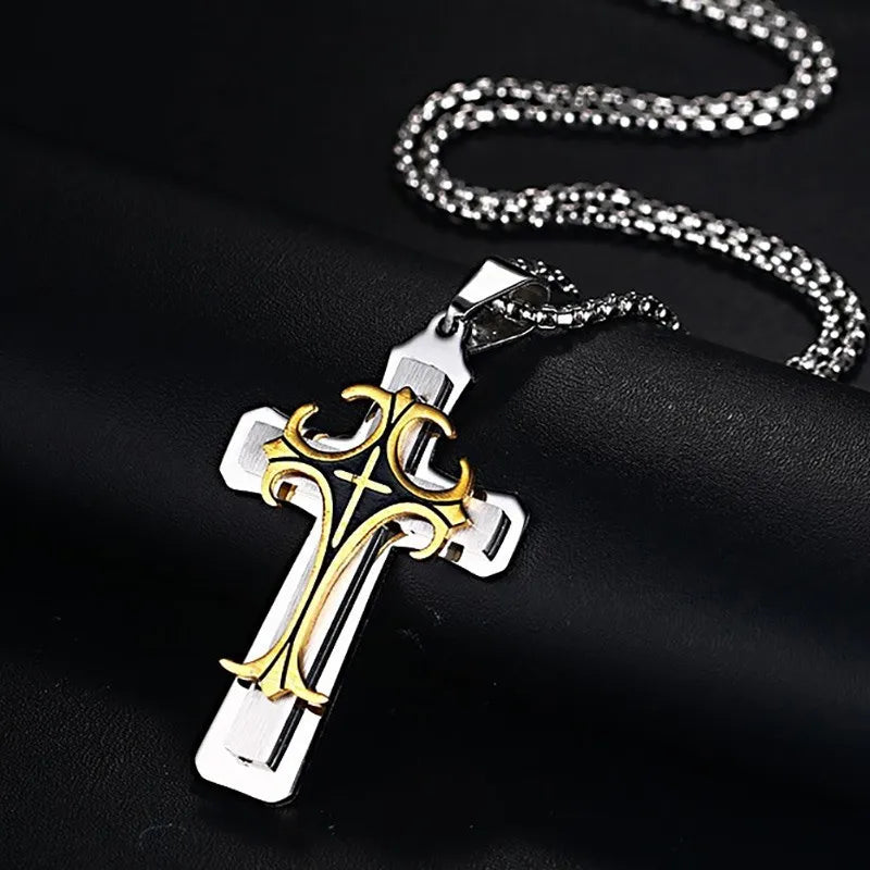 Rock Cross Necklace for Men,Gold Color Stainless Steel Stylish Byzantine Chain,Catholic Crucifix Pendant Collar Jewelry
