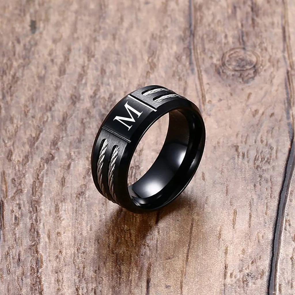 Black Letter Initial Ring — Stainless Steel