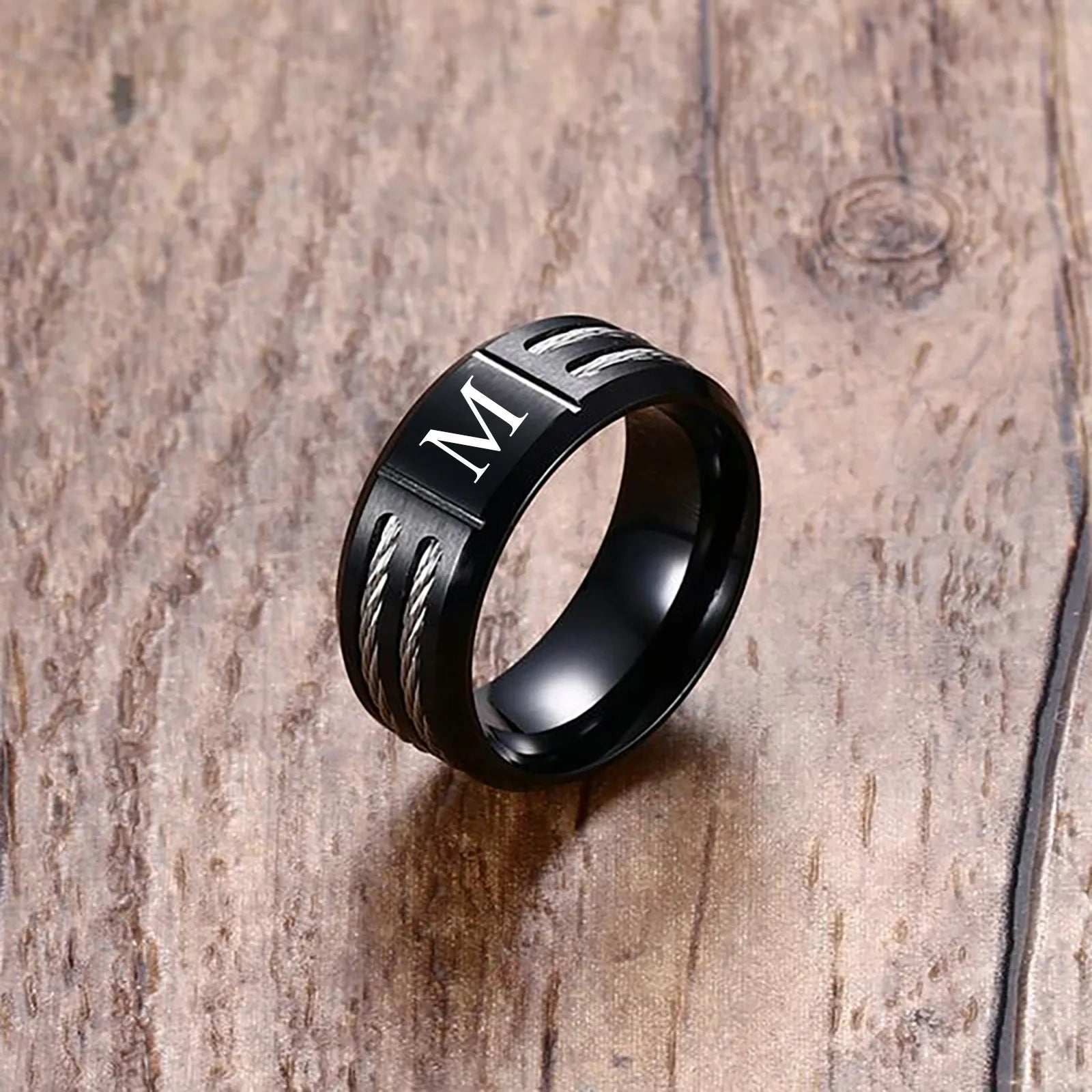 Black Letter Initial Ring — Stainless Steel