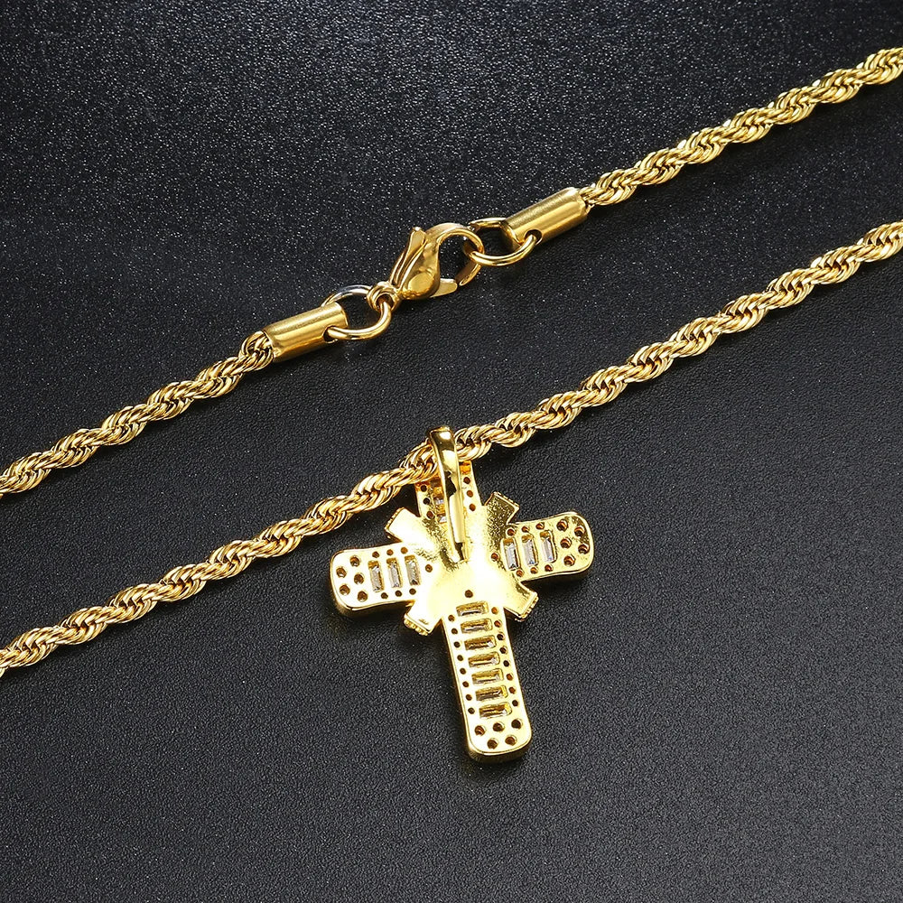 Cross Pendant Rope Box Chain Necklace Iced Out CZ